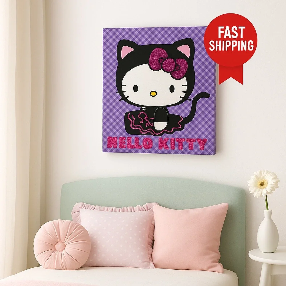 Sanrio‎ Hello Kitty 12x12 Wall Art – Purple Plaid Cat Costume w/ Glitter Bow