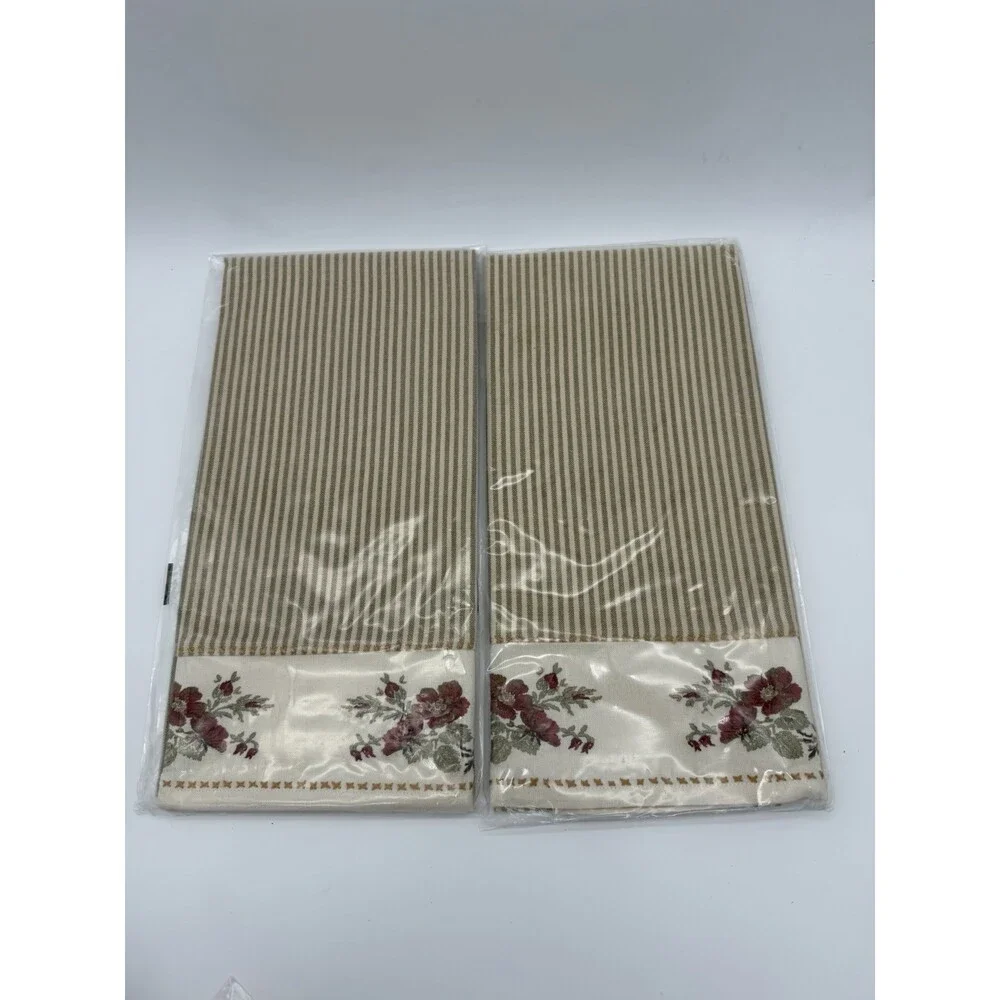 Pottery barn stripe embroidered floral kitchen towel Cotton Beige Flowers Set 2