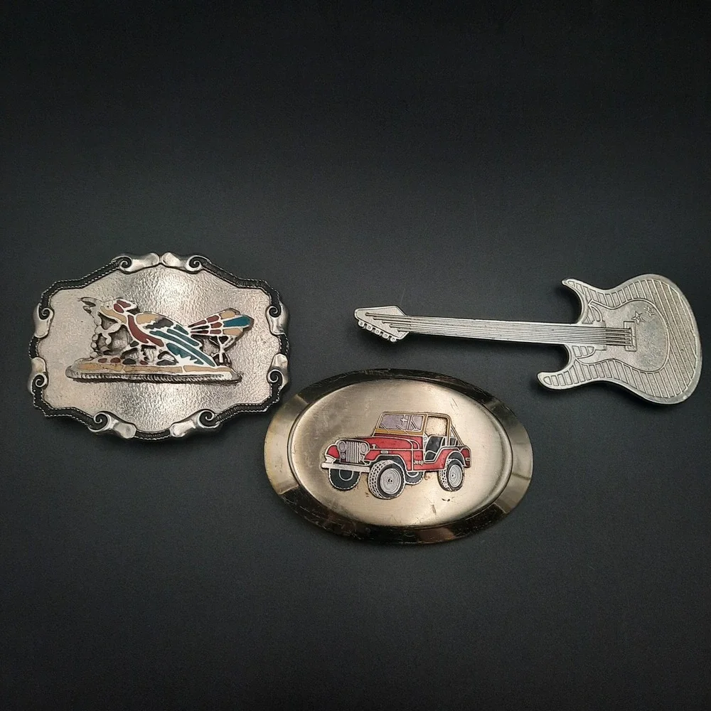 Vintage Belt Buckle‎ Lot with Jeep, Guitar & Bird Designs – FHC & FUCO Stamped