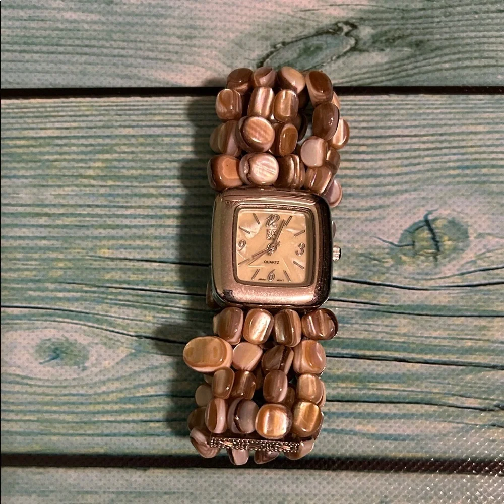 Geneva Style Women's Wrist Watch with Brown and Cream Beaded Strap
