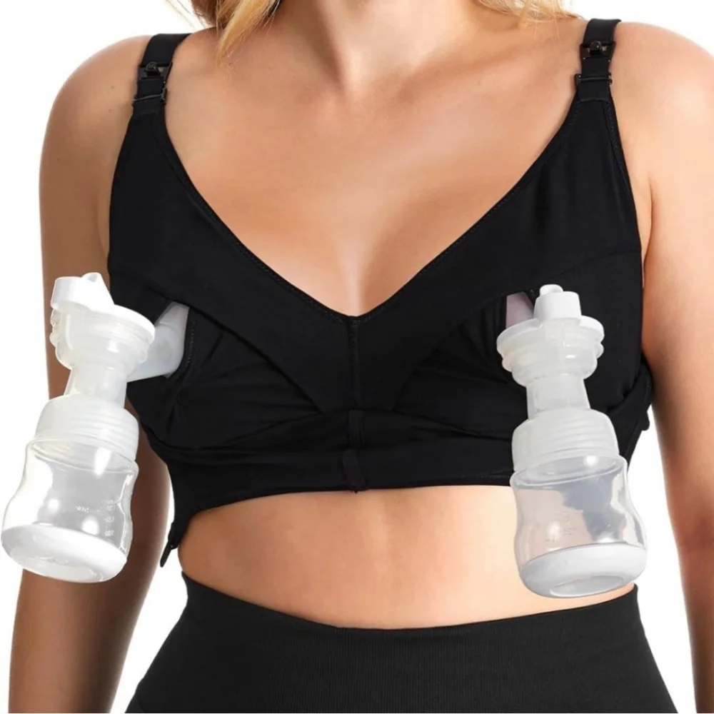 Momcozy Bamboo Hands-Free Nursing & Pumping Bra Black Size 2XL V-neck Maternity
