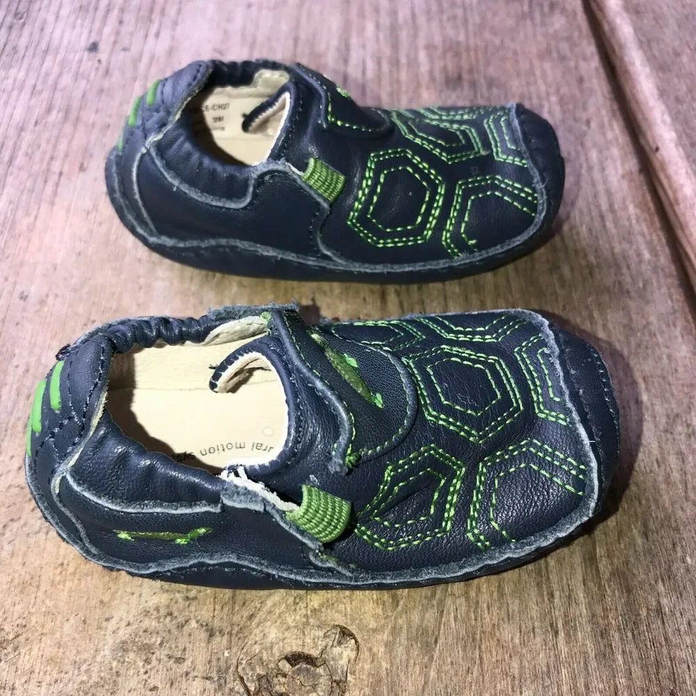 Stride Rite Boys Girls Shoes‎ 2M 2 M Lil Chuckle Navy Blue Green Turtle LeatherD