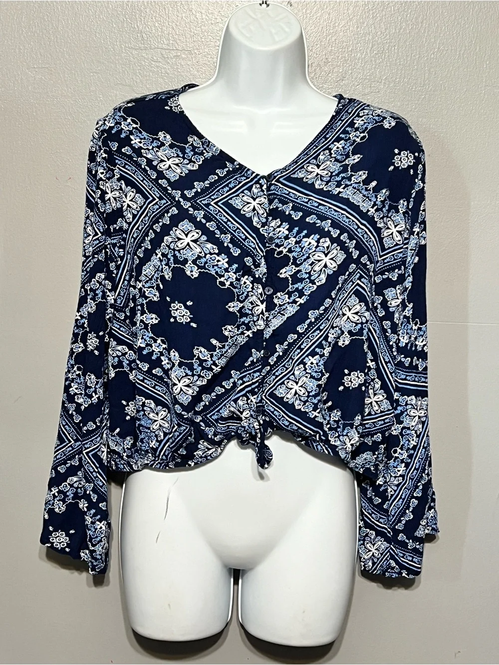 Justice Navy Blue Floral Crinkle Gauze Button Tie Front Top 18/20