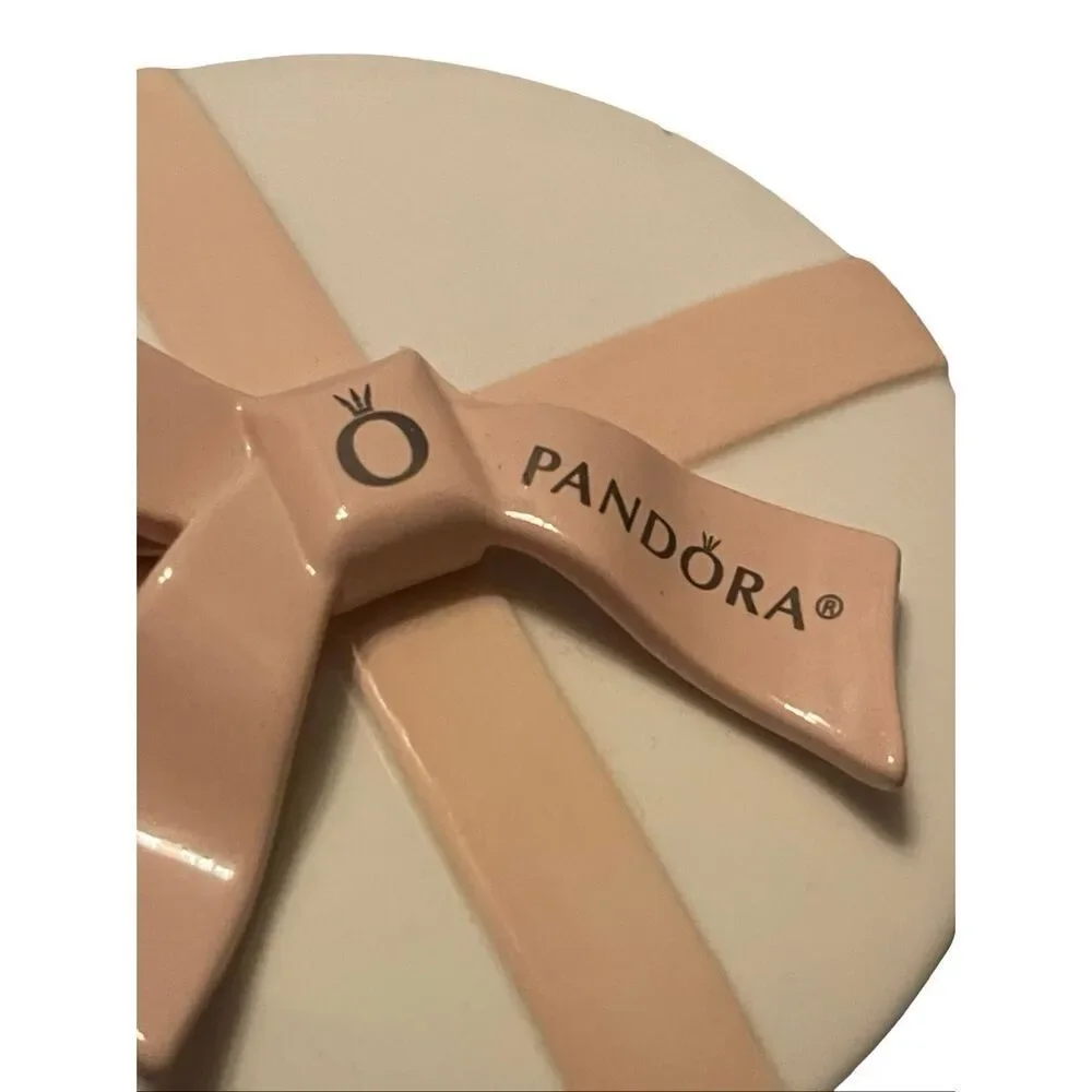 Pandora Cream and Pink Bow Porcelain Round Keepsake Jewelry Trinket Box