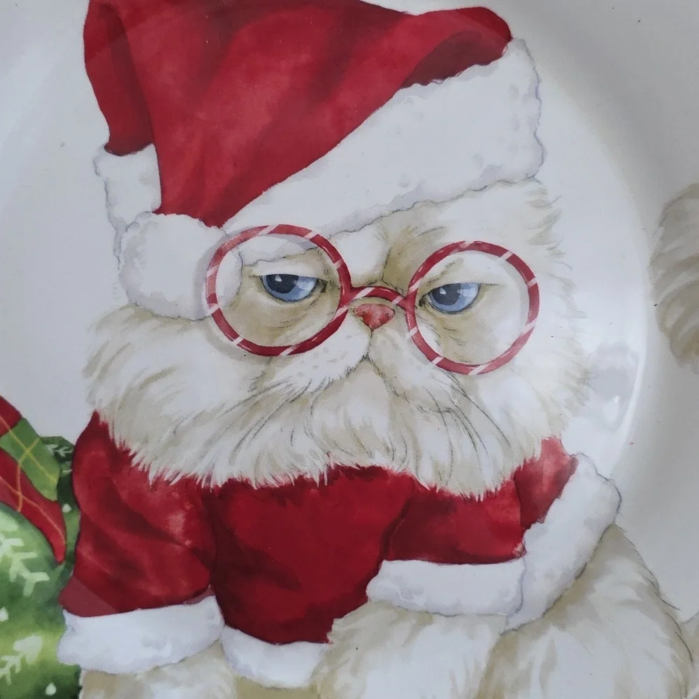 Pier 1 Grumpy White Cat Santa Christmas Plate Salad 9 Inch​