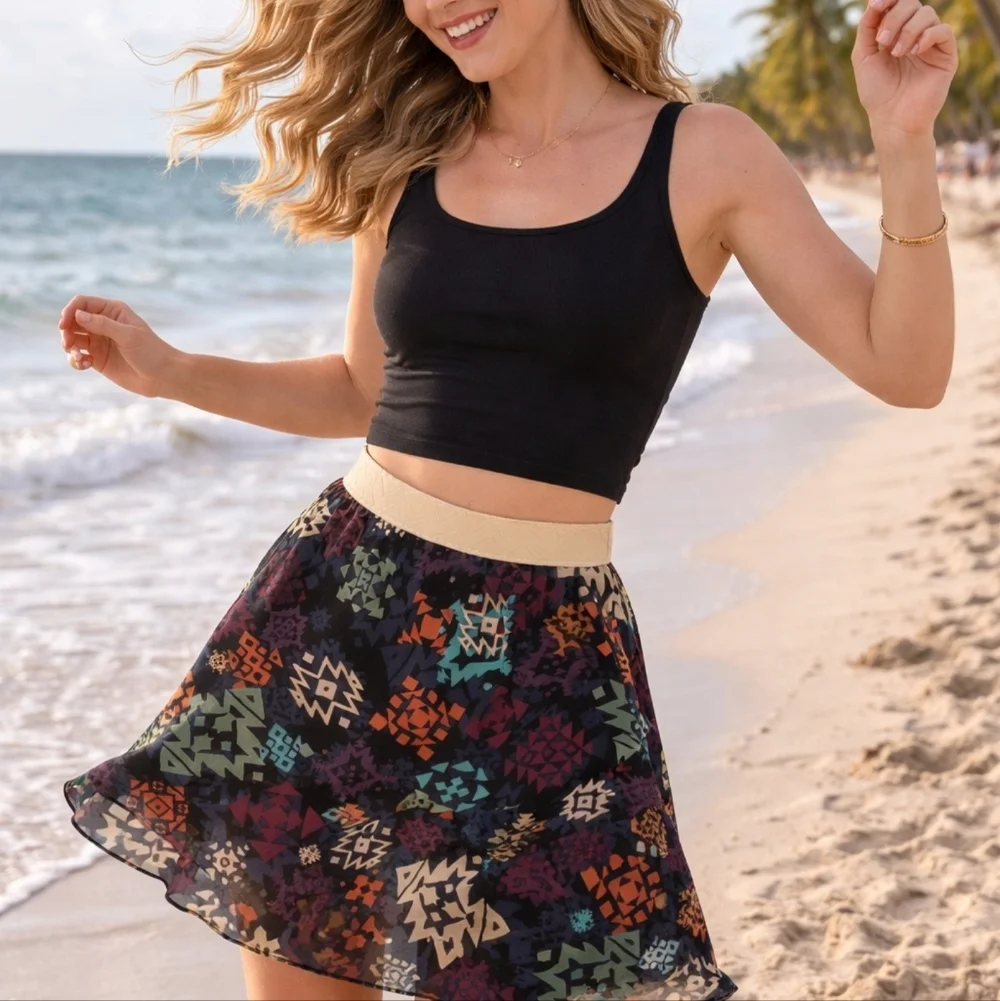 LuLaRoe Lola A-Line Skirt with Colorful Tribal Patterns Small New