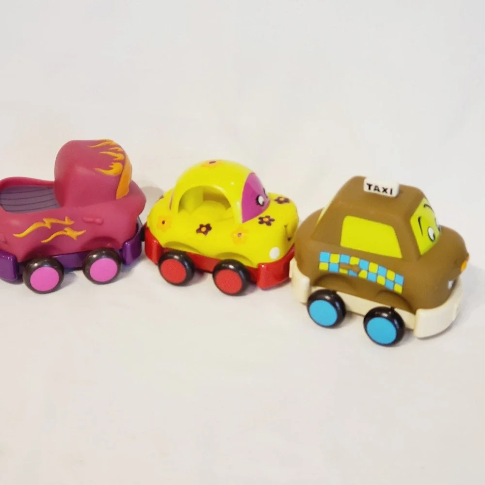 B. Toys Wheeee-ls! Soft Pull Back Toy Cars Set of 3 Magenta Yellow Brown Taxi