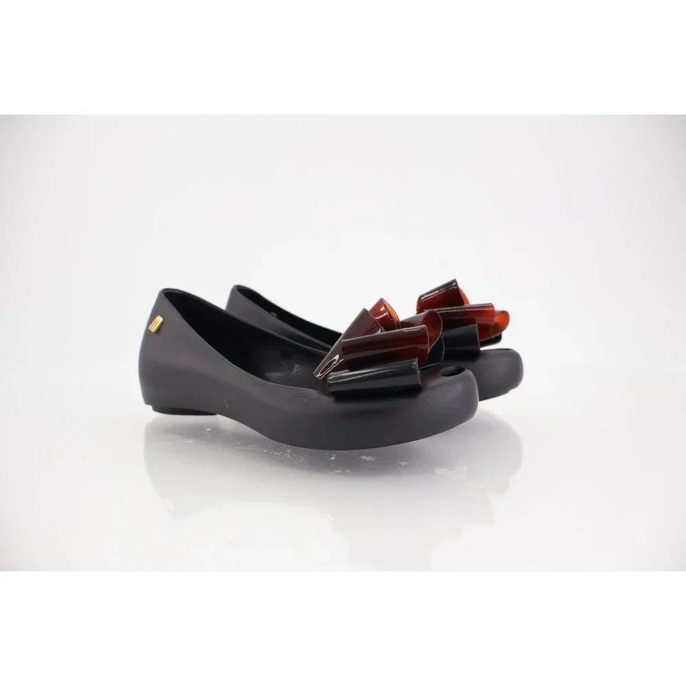 Melissa Girl Ultragirl Triple Bow Flats Matte Black Tortoiseshell Bow Size 2