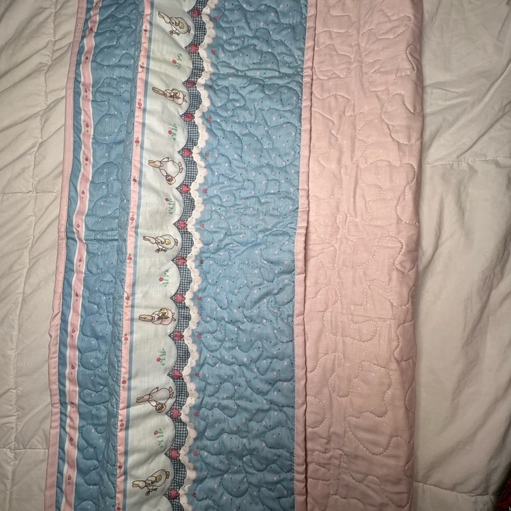 Adorable Pink and Baby Blue Quilted Bunny Trim Baby Blanket