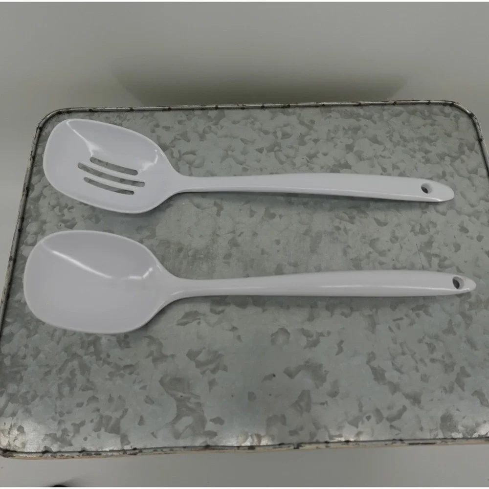 White Melamine Serving Spoon Set Slotted and Solid JP-616 JP-617 11 Inch 2 Piece