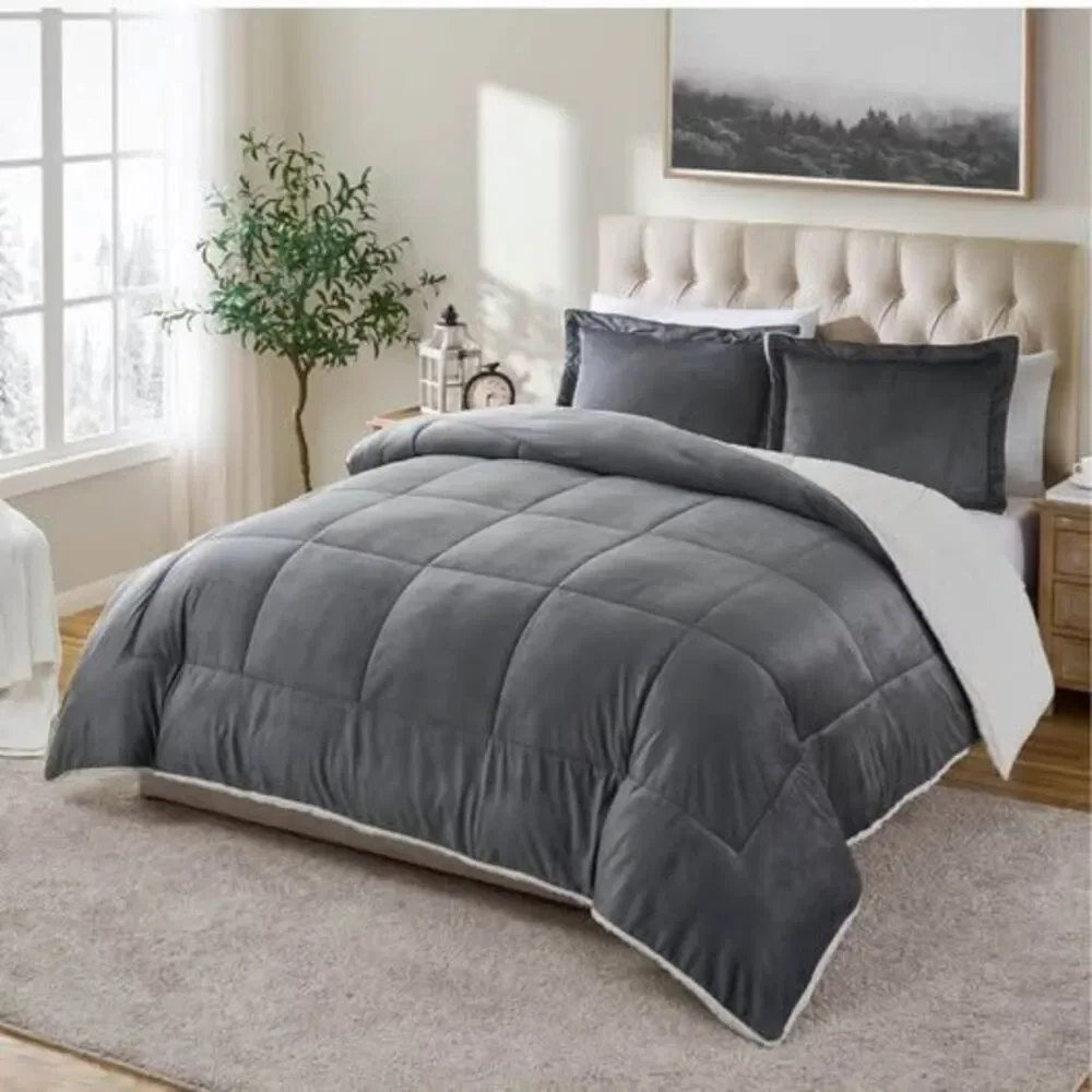 3 Pieces King Sherpa & Faux Fur Reversible Comforter Set Grey/White NEW