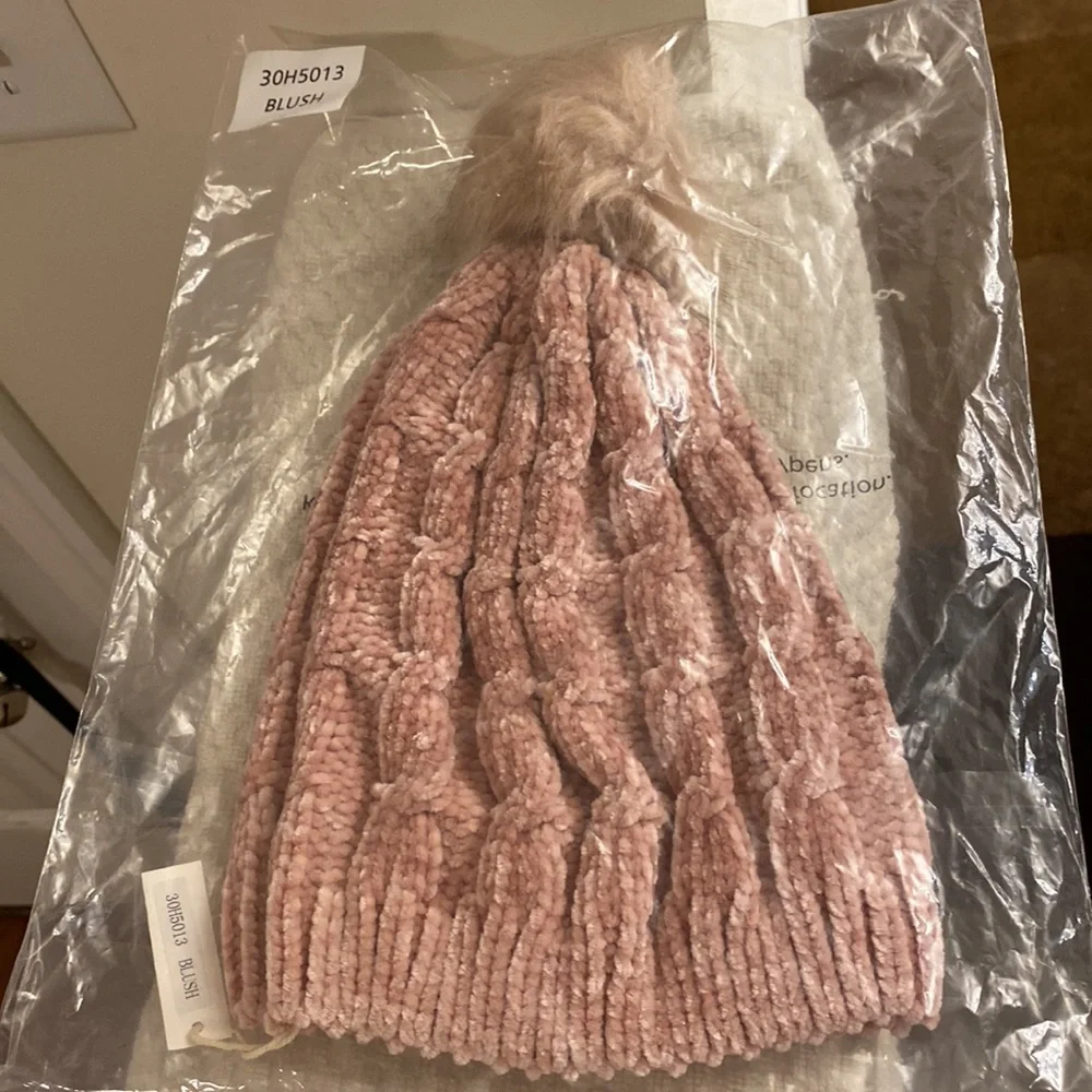 Chenille Blush Pink Color Cable Knit Cozy Winter Hat with Pom Pom One Size