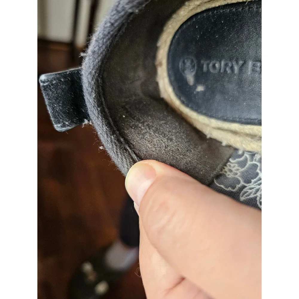 TORY BURCH BLACK‎ SUEDE BOHEMIAN CHIC FLAT CAP TOE ESPADRILLE FLATS SZ 7.5