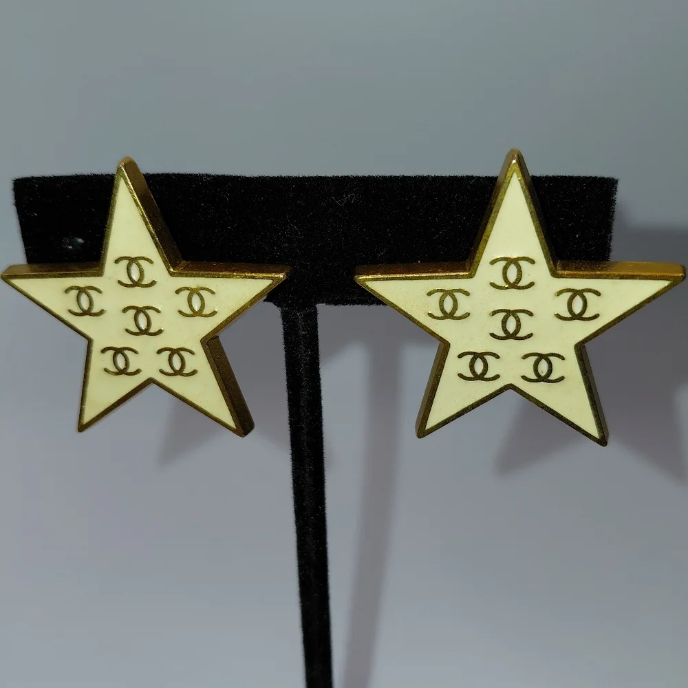 Chanel Star Coco Mark Earrings Clip-On White Gold