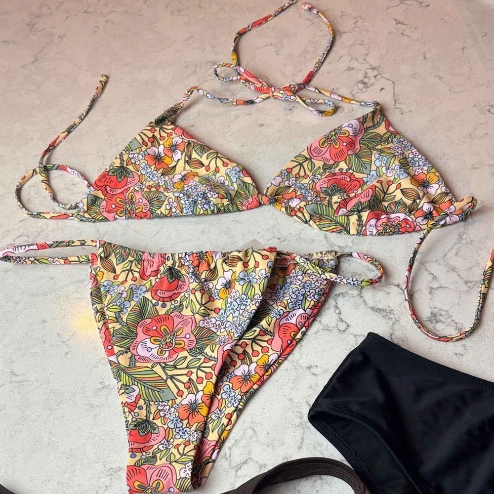 Bikini bundle Shein Amazon, floral, brown, black mix & match EUC
