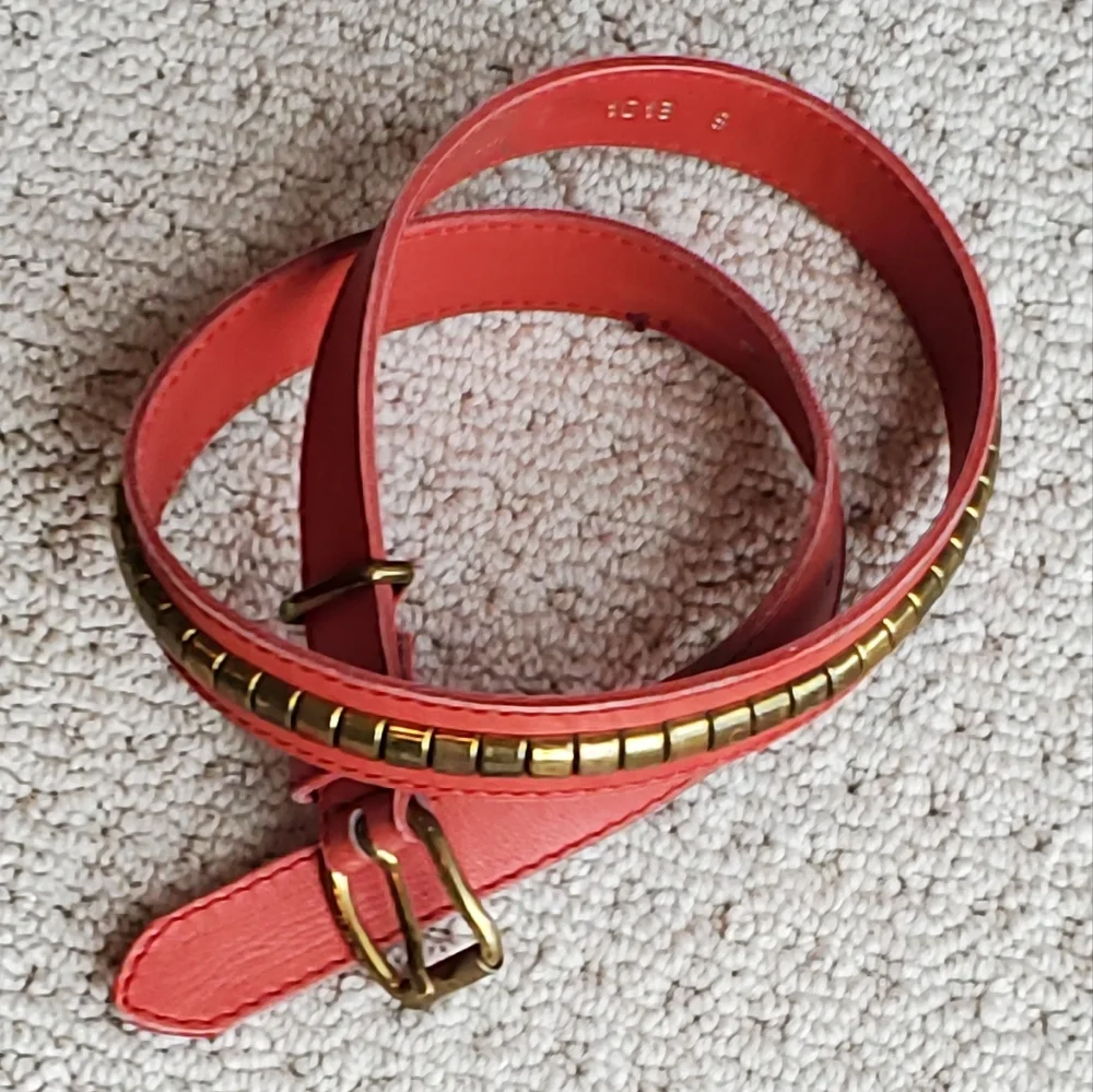 BBC Leather Studded Equestrian Cowgirl Belt Made in Spain, Brass, Red,Sm/34