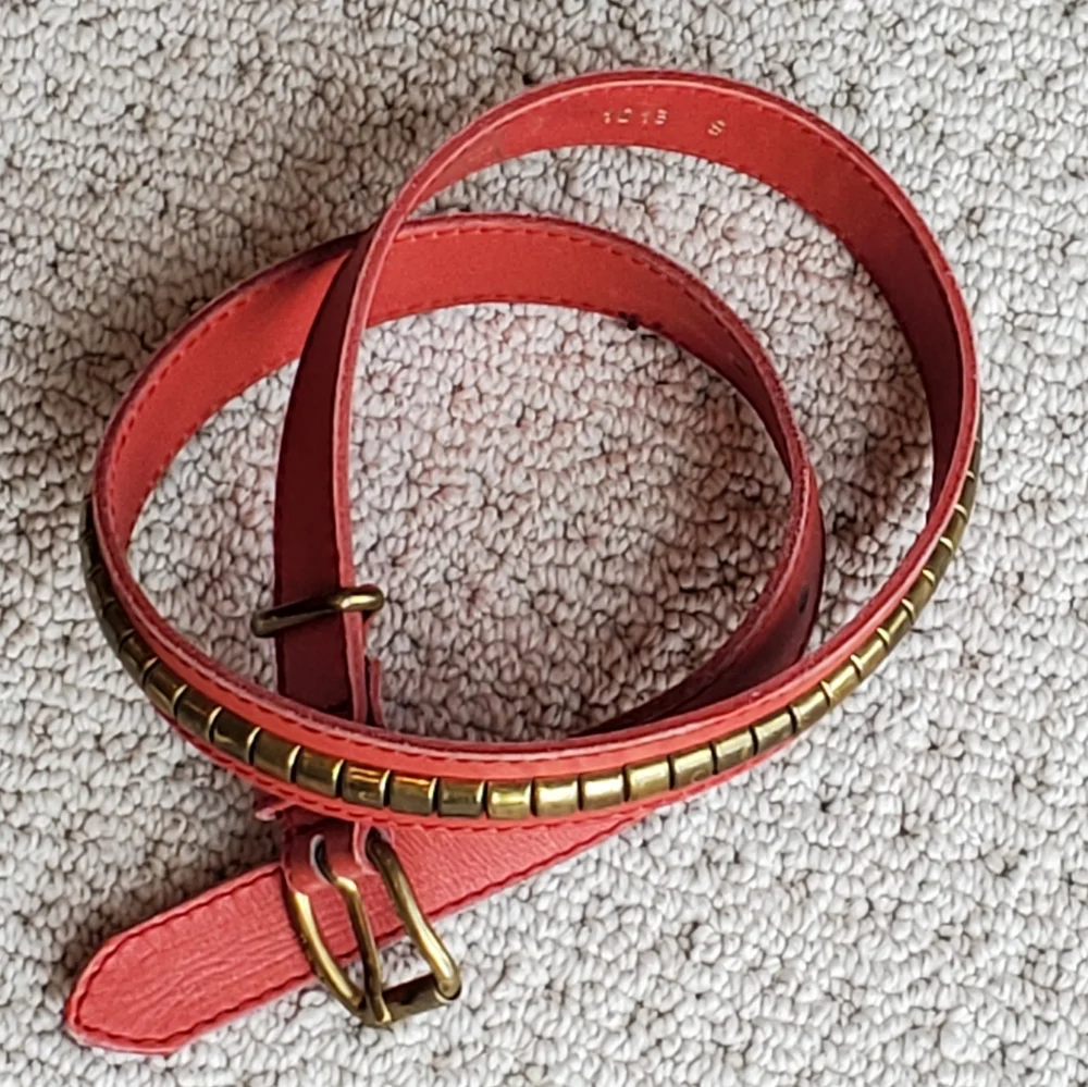 BBC Leather Studded Equestrian Cowgirl Belt Made in Spain, Brass, Red,Sm/34