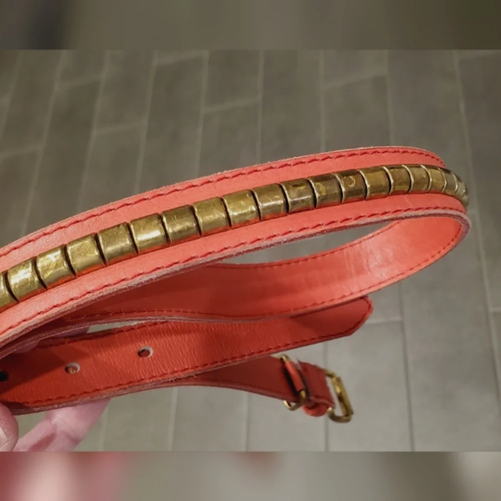 BBC Leather Studded Equestrian Cowgirl Belt Made in Spain, Brass, Red,Sm/34