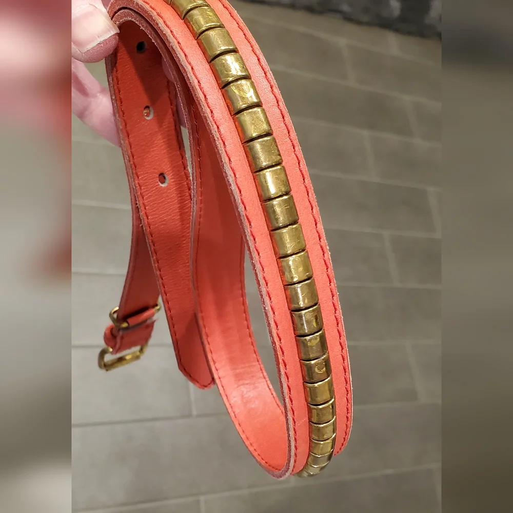 BBC Leather Studded Equestrian Cowgirl Belt Made in Spain, Brass, Red,Sm/34