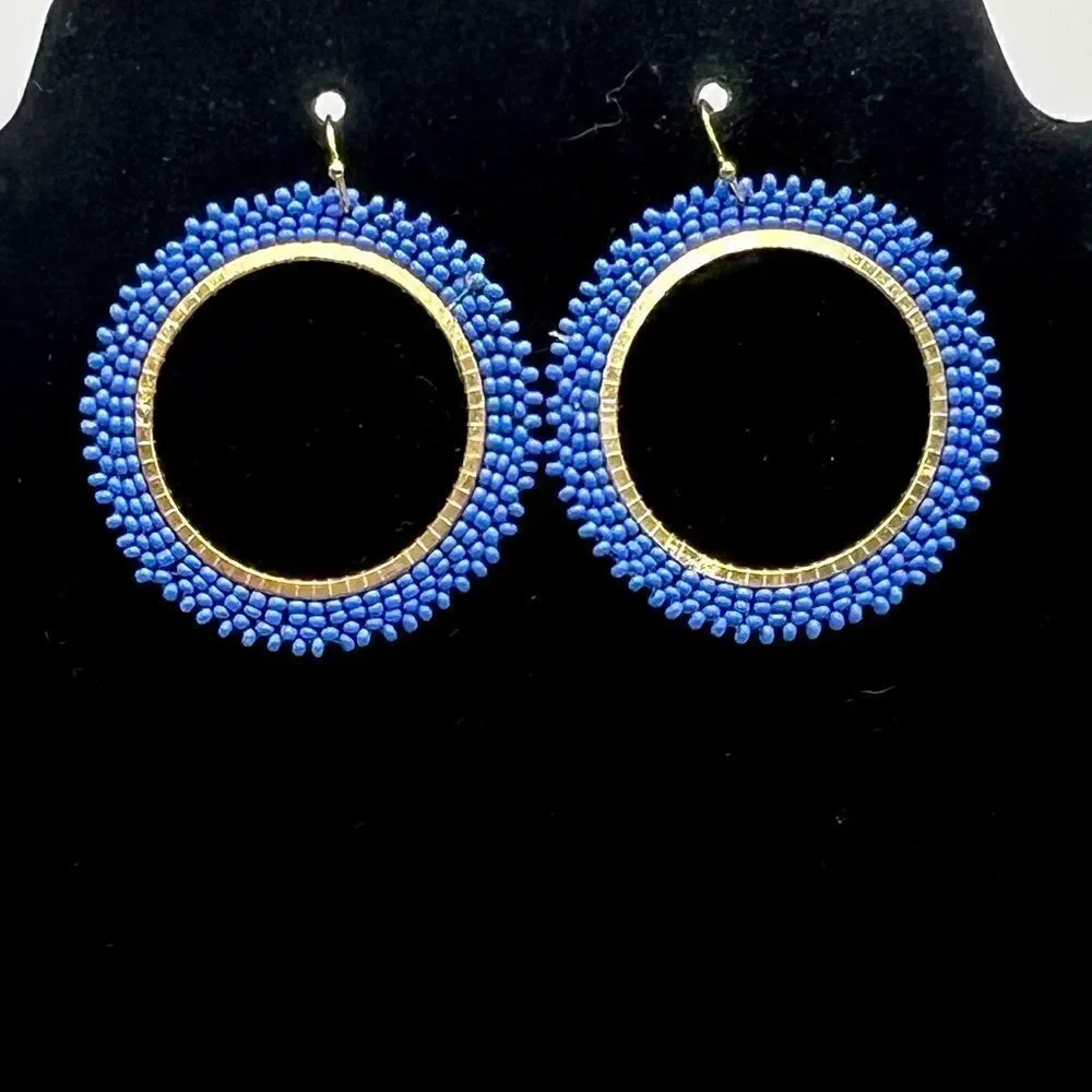 *3/$20* boho gold tone and blue seed bead hoop earrings