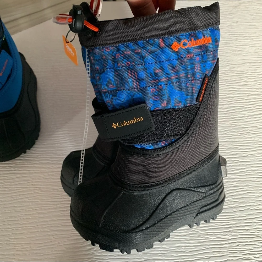 nwt Columbia Youth Powderbug Plus II Print Boot in Blue Black Size 6 & 7 Toddler