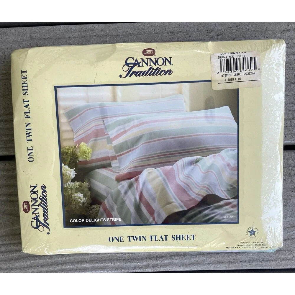 Vtg Cannon Twin Flat Bed Sheet Pastel Stripes Cotton Fresh No Iron USA Made J
