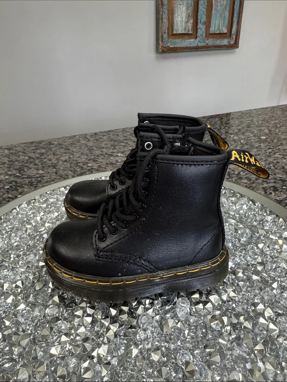 Dr. Martens Black Leather Lace-Up Boots with Yellow Accents EUC 7 toddler