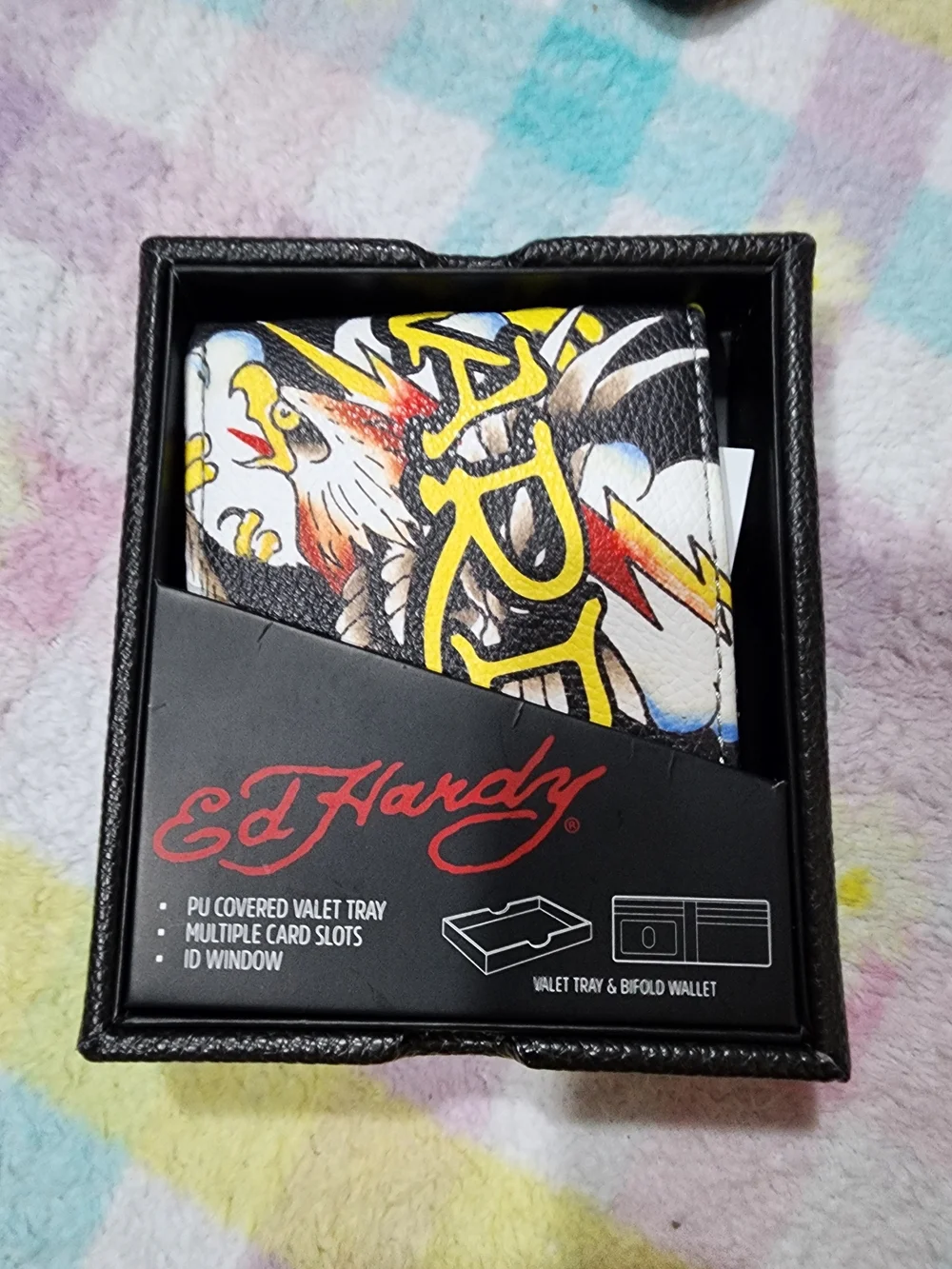 Ed Hardy Bifold Wallet Multicolor Eagle Tattoo Graphic w/ Gift Box New With Tags