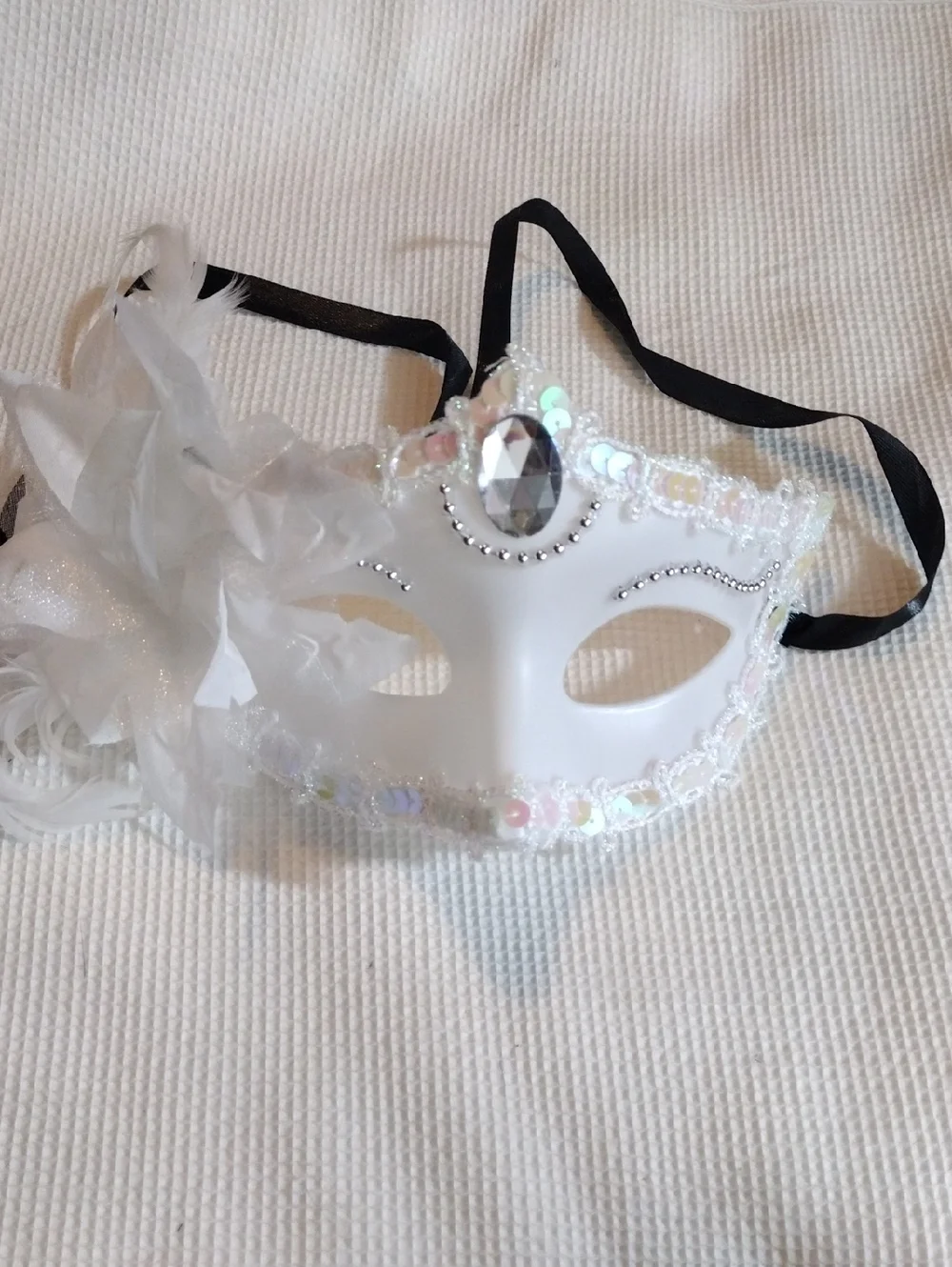 White Decorative Venetian Mask with Jewel and Feathers