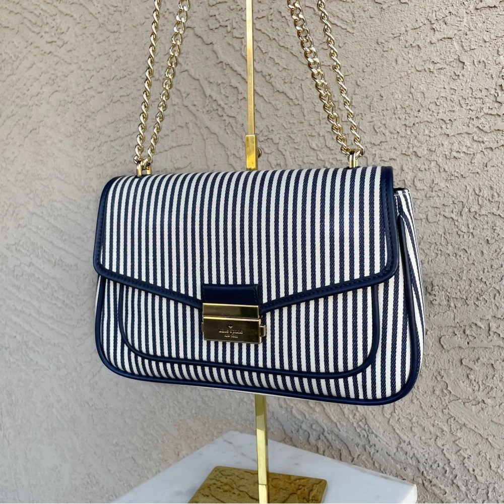 KATE SPADE Blue & White Striped Carey Medium Flap Striped Crossbody Shoulder Bag