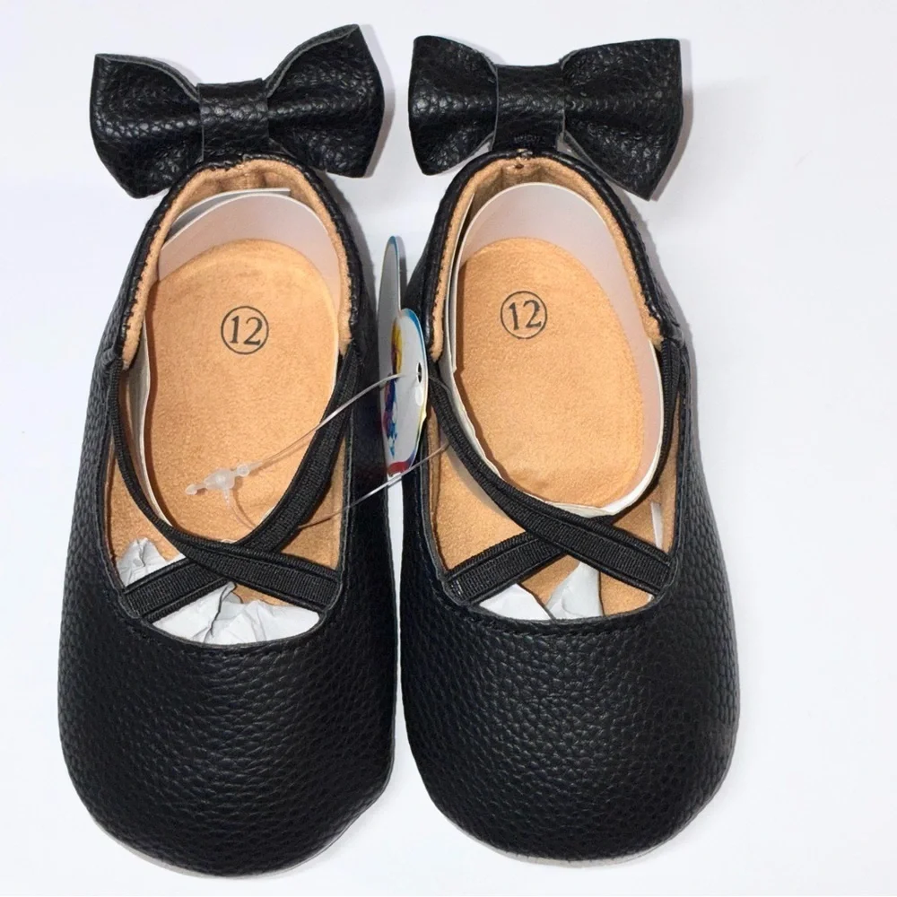 Black Ballet Flats Baby Size 12 Bow On Back Elastic Slip On