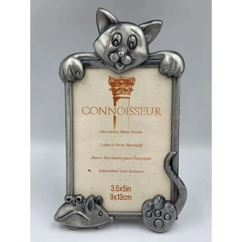 Vintage Pewter Cat Kitty Mouse Empty Frame Whimsy 3D Feline Lover Decor