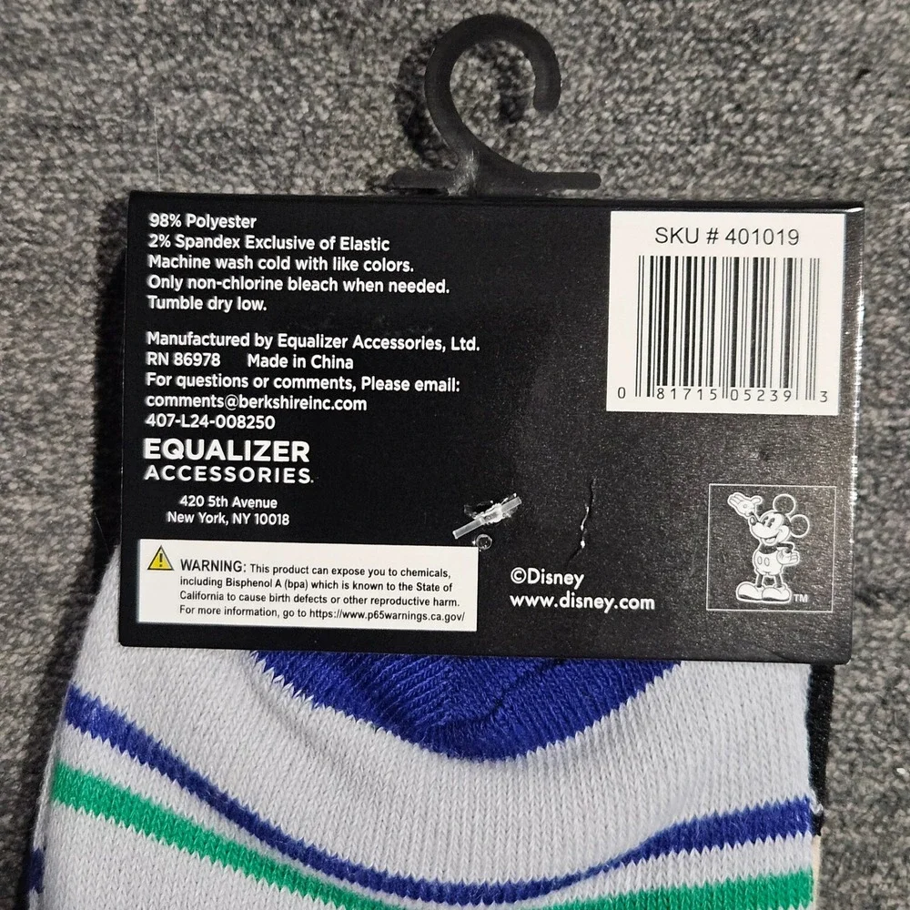 Disney Mickey Mouse Mens Crew Socks Gray Blue Green Striped Size 9-13 New 401019