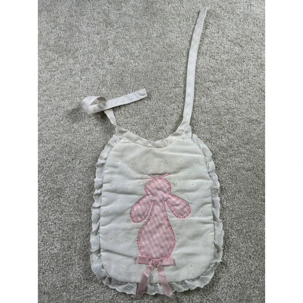 Vintage Baby Bib Pink Gingham Bunny‎ Applique Eyelet Ruffle Trim Embroidered Bow