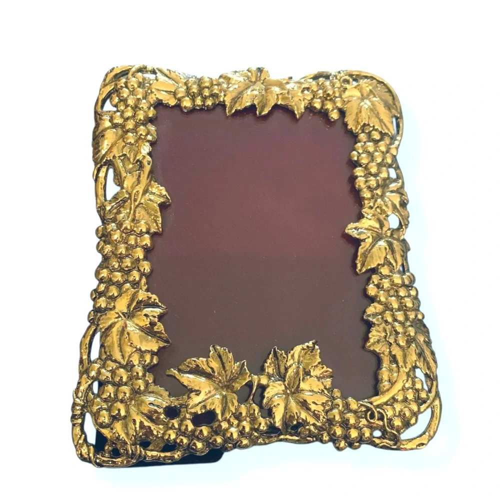 Picture Frame Brass Grape Leaf Ornate Red Velvet Backing 5x7 MCM French Farm