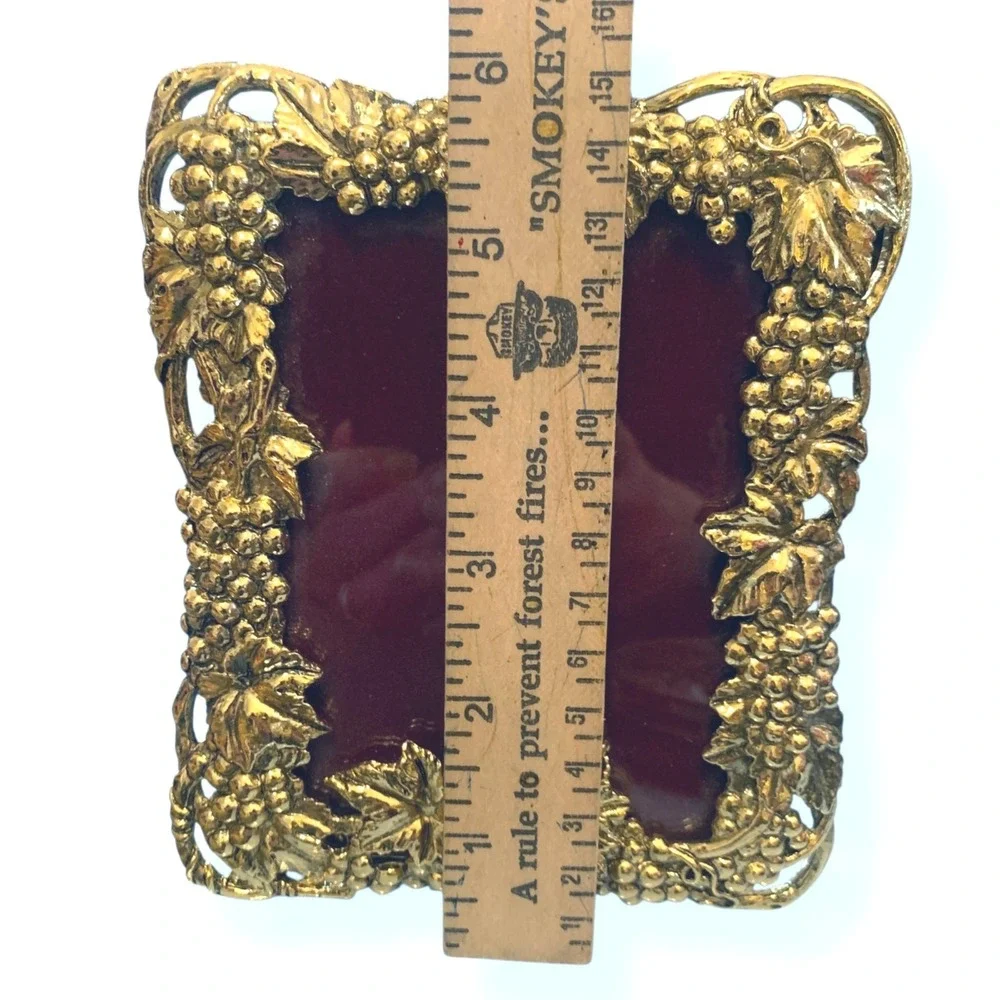 Picture Frame Brass Grape Leaf Ornate Red Velvet Backing 5x7 MCM French Farm