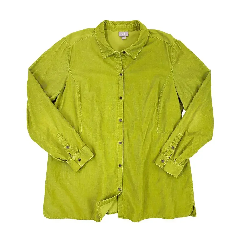 J Jill Corduroy Tunic Button Down Shirt Womens L Chartreuse Green Lightweight