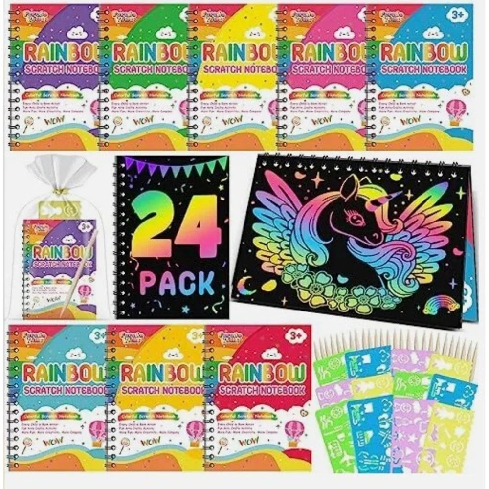 Kids Party Favors Arts Craft Theme Rainbow Scratch Birthday Goodie Bags Makes 24