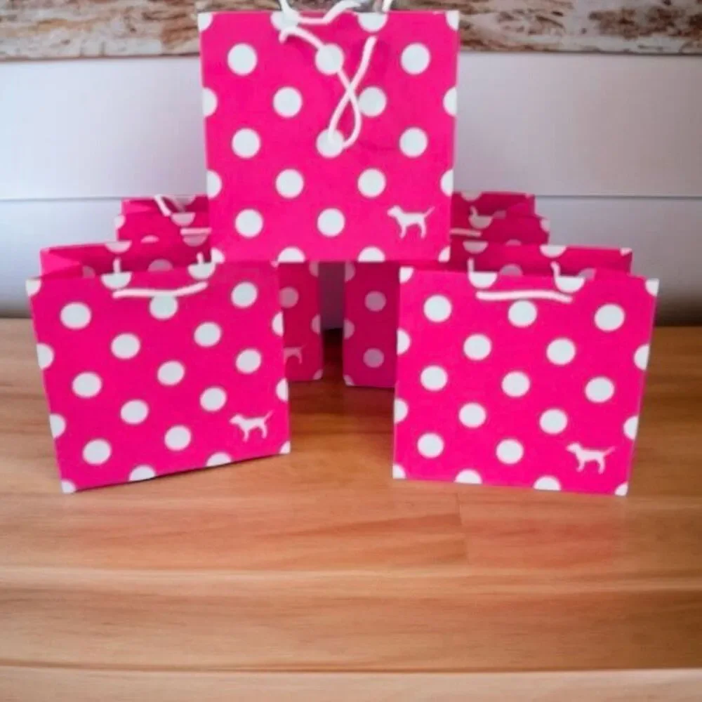 New 5 Victoria's Secret PINK Polka Dots 8”Hx8”Wx4.5”D Paper Gift Shopping Bags