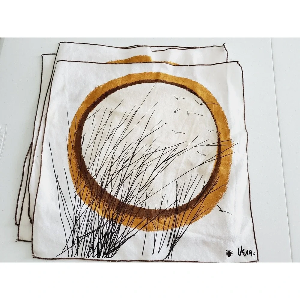 Vera Neumann Vintage Linen Napkins Set of 4‎ Sun Seagrass Birds MCM Mid Century