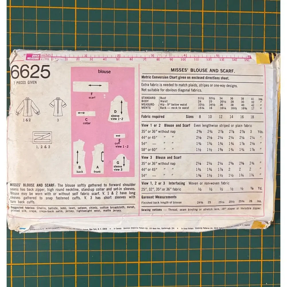 Vtg 70s Simplicity Pattern 6625 Size 12 Bust 34 Misses Blouse & Scarf Shirt Cut