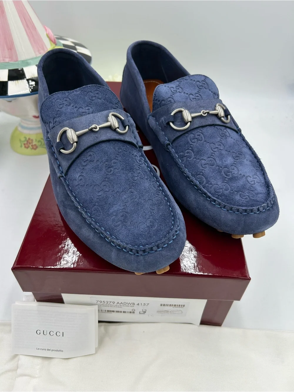 Men's Gucci blue suede GG embossed driver loafers size 12 fits 12.5 US