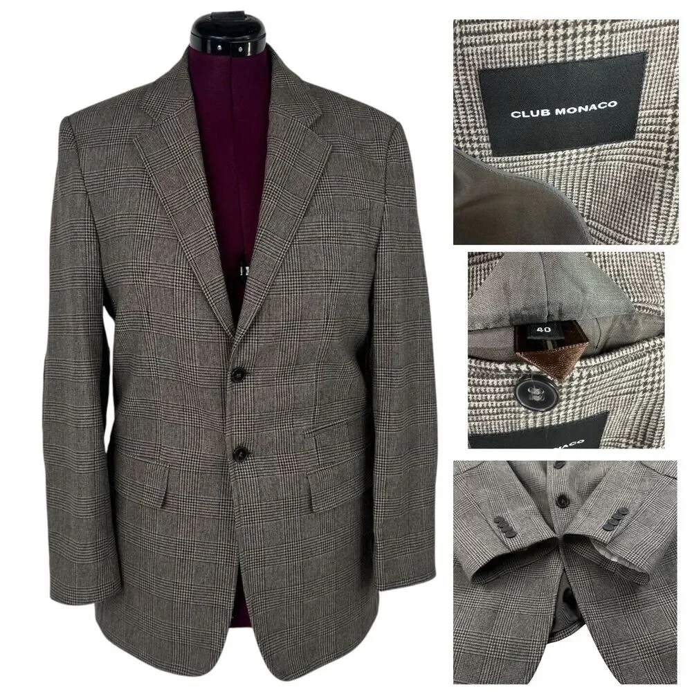 Club Monaco Elbow Patch Equestrian Wool Blazer 40R Brown Plaid Sport coat Jacket