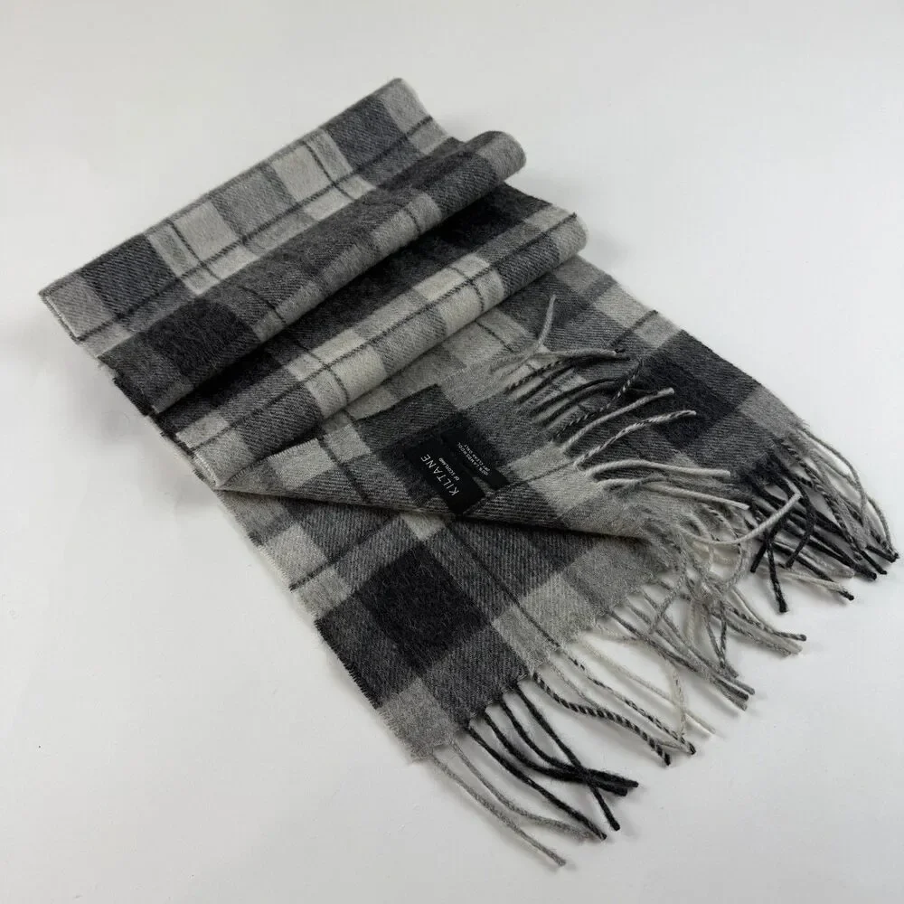 Kiltane Of Scotland Lambswool Fringe Scarf Black Grey Plaid 11 x 62 Preppy
