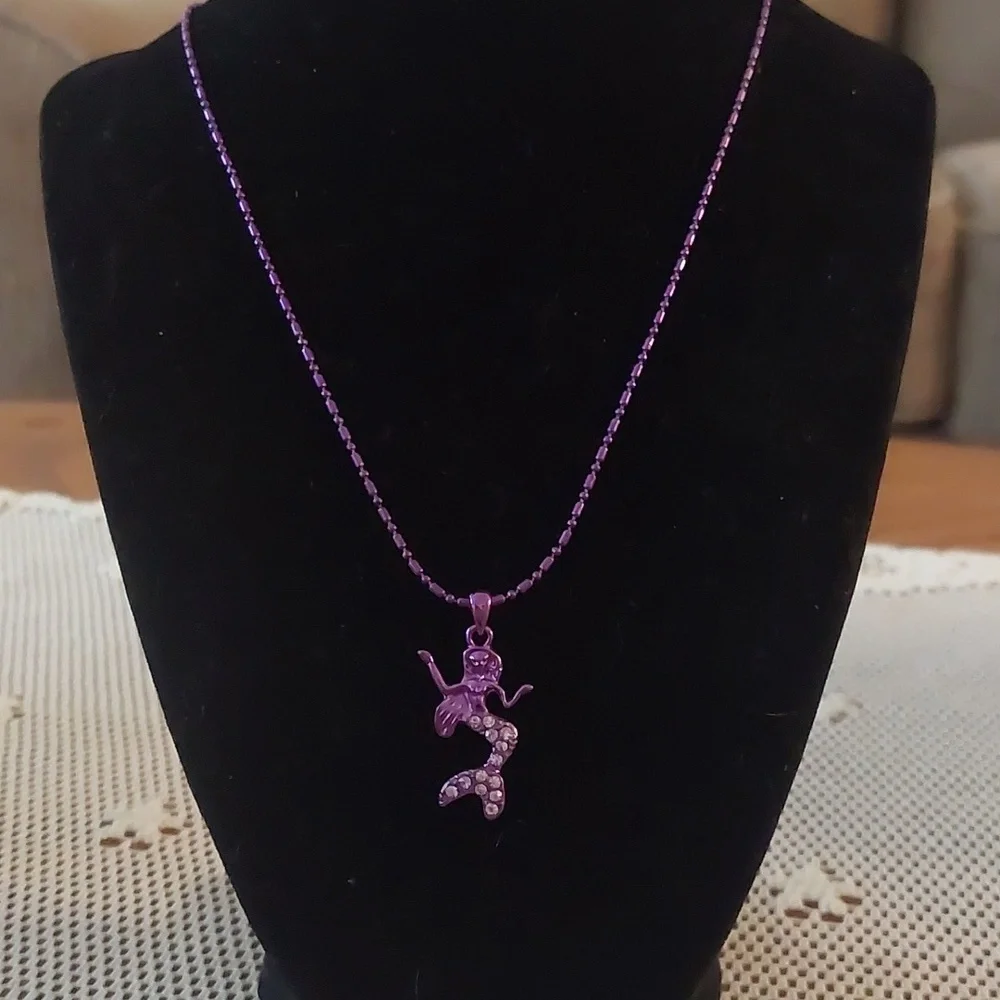 Purple Mermaid Rhinestone Pendant Kids Necklace