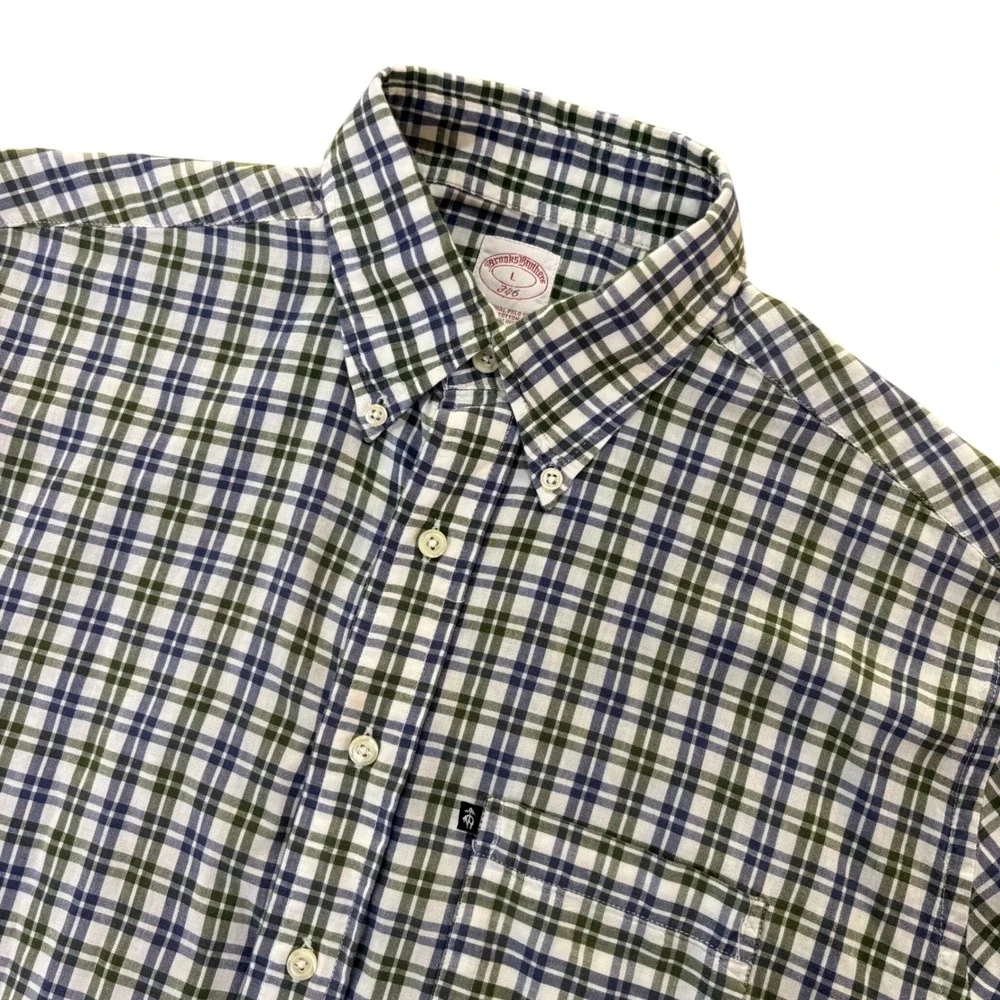 Brooks Brothers 346 Mens Large Plaid Short Sleeve Button Down Shirt Blue‎ Green