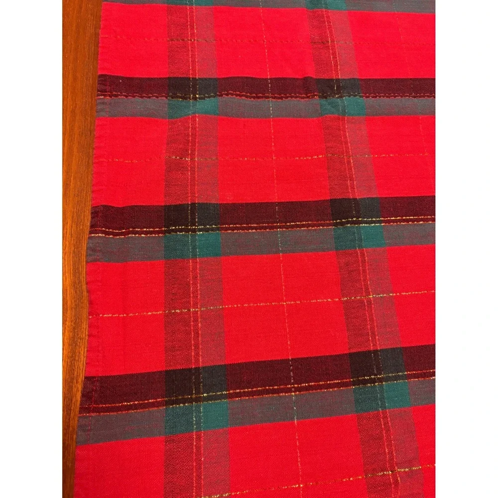 Hand Woven Plaid Tablecloth Red Teal Gold Sparkle‎ Festive Cotton  55 x 72