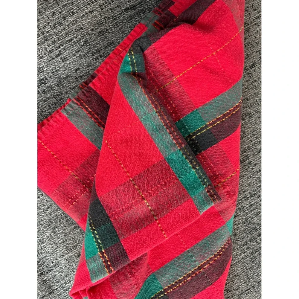 Hand Woven Plaid Tablecloth Red Teal Gold Sparkle‎ Festive Cotton  55 x 72