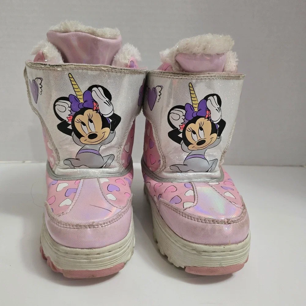 Girls Minnie Mouse Unicorn Pink Winter Snow Boots Size 10 Disney Shimmery Sequin