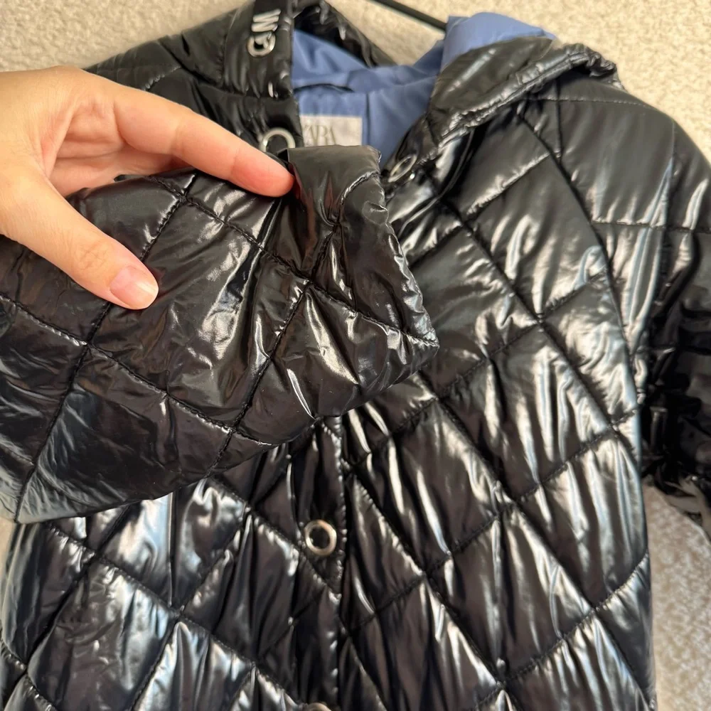 Zara Diamond Quilted Shiny Black Hooded Puffer Long Jacket Winter Coat Size 9‎